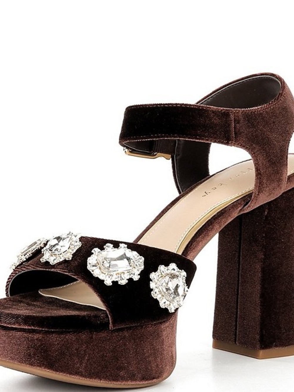 Copper Key Brown Velvet Platform Sandals with Crystal Medallions